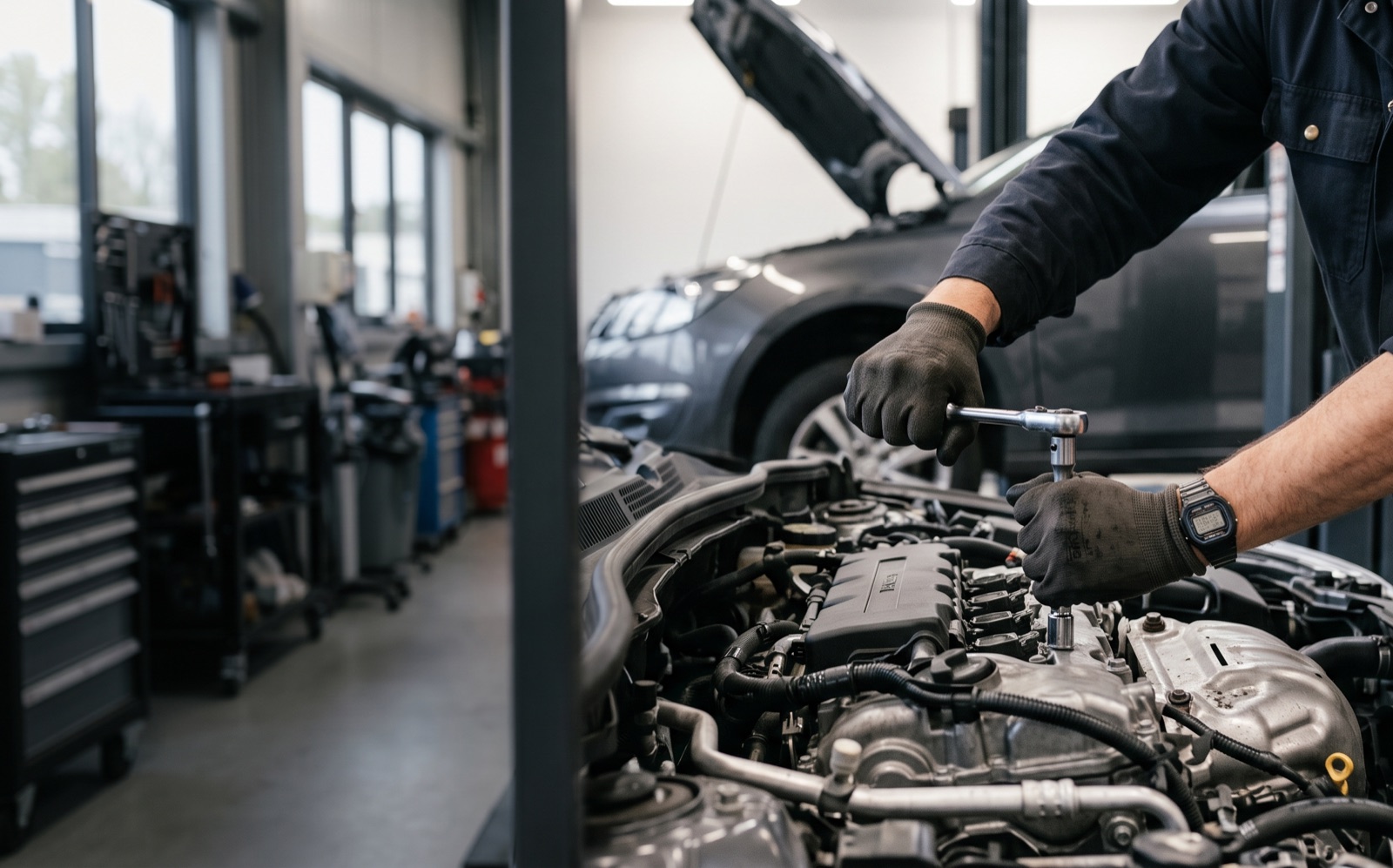 A mechanic's hands using a wrench on a car engine in a workshop